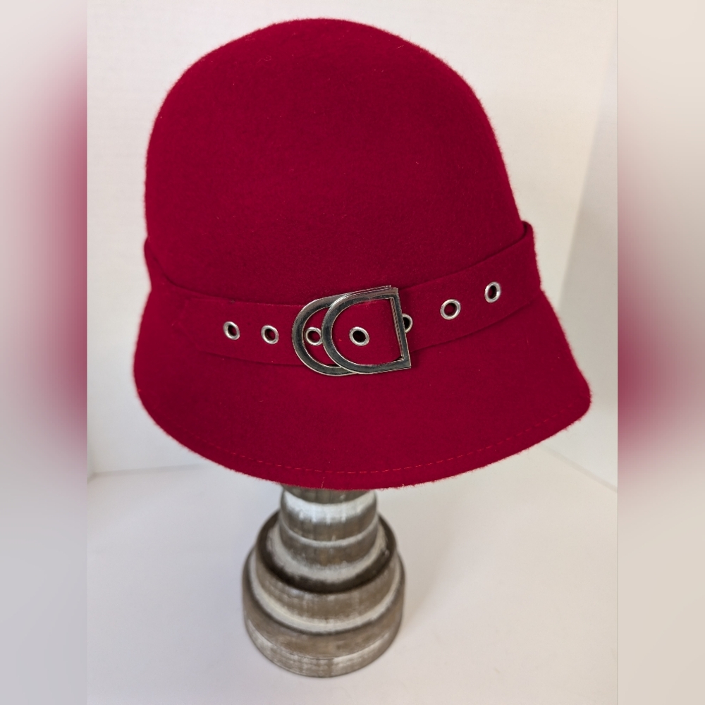 Red Felt Cloche Hat With Silver Buckle Detail